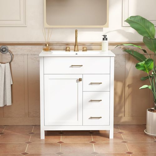 Meuble De Salle De Bain Avec Lavabo, 2 Tiroirs Latéraux Et Placard, 76 X 46,5 X 86 Cm, Blanc