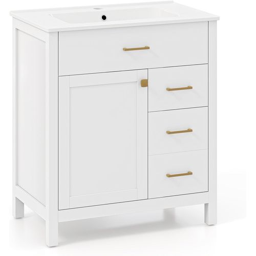 Meuble De Salle De Bain Avec Lavabo, 2 Tiroirs Latéraux Et Placard, 76 X 46,5 X 86 Cm, Blanc