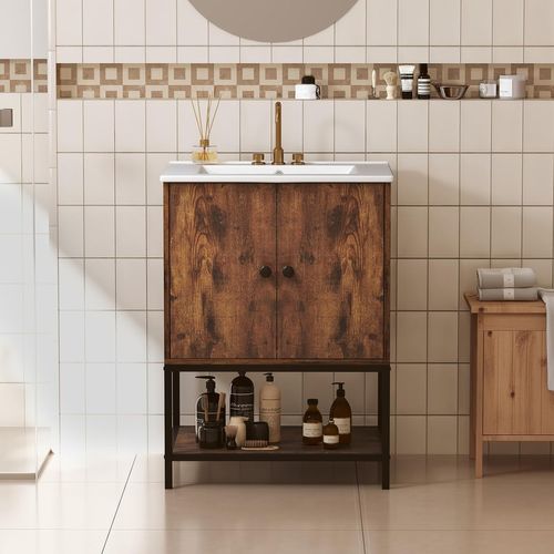 Meuble De Salle De Bain Avec Lavabo, Meuble De Rangement Avec Lavabo En Céramique, Marron Rustique