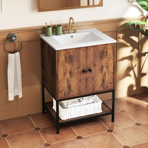 Meuble De Salle De Bain Avec Lavabo, Meuble De Rangement Avec Lavabo En Céramique, Marron Rustique