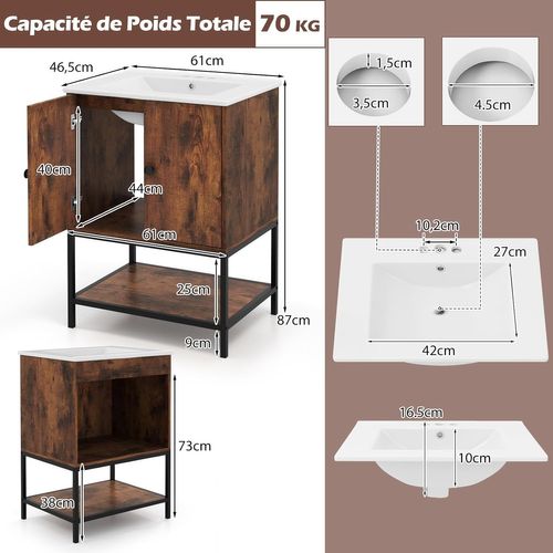 Meuble De Salle De Bain Avec Lavabo, Meuble De Rangement Avec Lavabo En Céramique, Marron Rustique