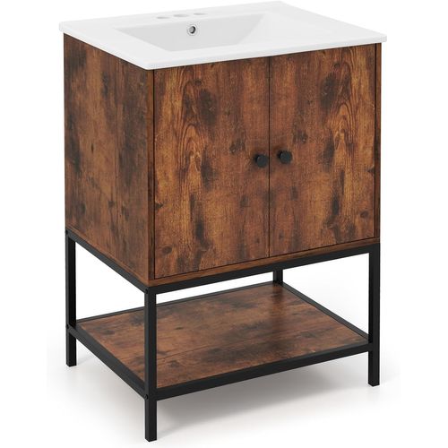 Meuble De Salle De Bain Avec Lavabo, Meuble De Rangement Avec Lavabo En Céramique, Marron Rustique