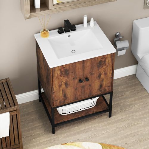 Meuble De Salle De Bain Avec Lavabo, Meuble De Rangement Avec Lavabo En Céramique, Marron Rustique