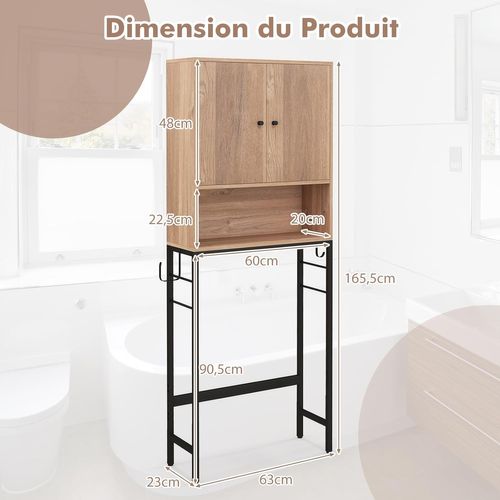 Meuble Wc, Meuble Machine à Laver, Rangement De Salle De Bain à 2 Portes, 23 X 63 X 165,5 Cm Naturel