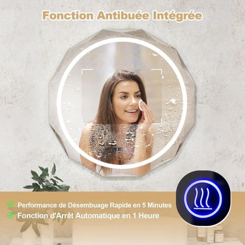Miroir Salle De Bain Avec Eclairage Ø 76 Cm, Miroir Rond Antibuée, 3 Couleurs, Luminosité Réglable