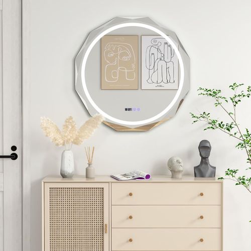 Miroir Salle De Bain Avec Eclairage Ø 76 Cm, Miroir Rond Antibuée, 3 Couleurs, Luminosité Réglable