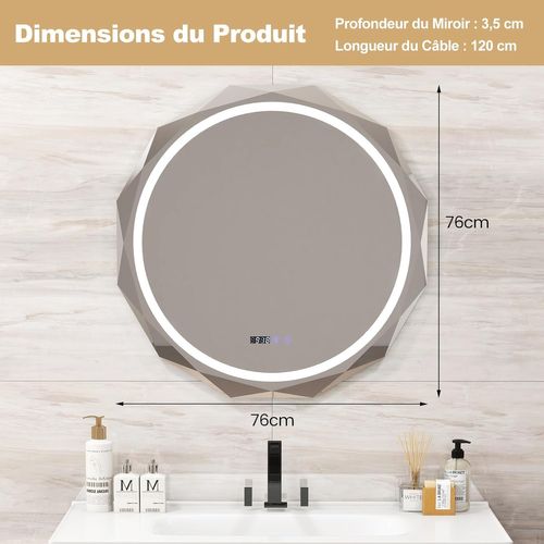 Miroir Salle De Bain Avec Eclairage Ø 76 Cm, Miroir Rond Antibuée, 3 Couleurs, Luminosité Réglable