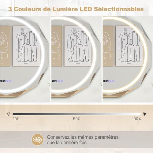Miroir Salle De Bain Avec Eclairage Ø 76 Cm, Miroir Rond Antibuée, 3 Couleurs, Luminosité Réglable