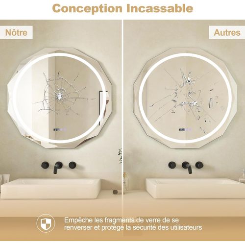 Miroir Salle De Bain Avec Eclairage Ø 76 Cm, Miroir Rond Antibuée, 3 Couleurs, Luminosité Réglable
