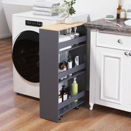 Chariot De Rangement 20 Cm à Roulettes, Desserte De Cuisine à 4 Niveaux (gris + Naturel)