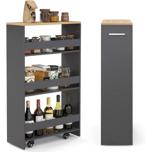 Chariot De Rangement 20 Cm à Roulettes, Desserte De Cuisine à 4 Niveaux (gris + Naturel)