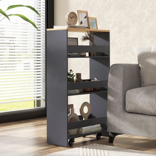 Chariot De Rangement 20 Cm à Roulettes, Desserte De Cuisine à 4 Niveaux (gris + Naturel)