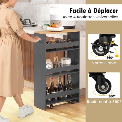 Chariot De Rangement 20 Cm à Roulettes, Desserte De Cuisine à 4 Niveaux (gris + Naturel)