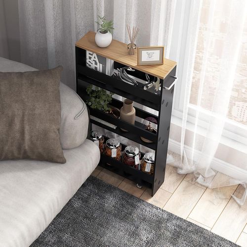 Chariot De Rangement 20 Cm à Roulettes, Desserte De Cuisine à 4 Niveaux (noir + Naturel)