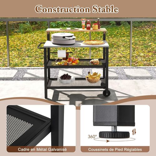 Desserte Extérieure à Roulettes Avec Table Rabattable, Chariot Service De Cuisine à 3 Étagères