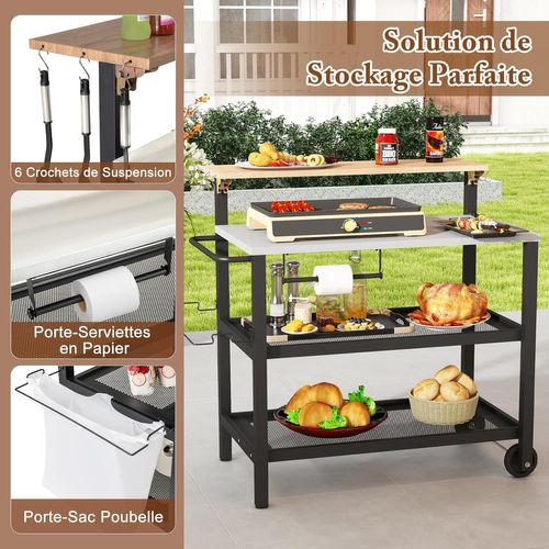 Desserte Extérieure à Roulettes Avec Table Rabattable, Chariot Service De Cuisine à 3 Étagères