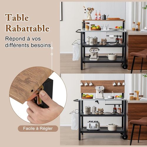 Desserte Extérieure à Roulettes Avec Table Rabattable, Chariot Service De Cuisine à 3 Étagères