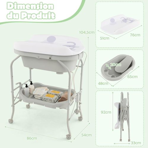 Table à Langer 2 En 1 Avec Baignoire 20l Plateau De Rangement, Commode à Langer Pliable, Gris Clair