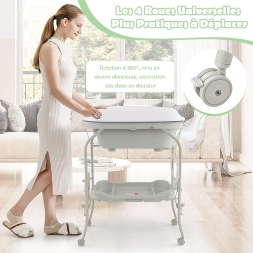 Table à Langer 2 En 1 Avec Baignoire 20l Plateau De Rangement, Commode à Langer Pliable, Gris Clair