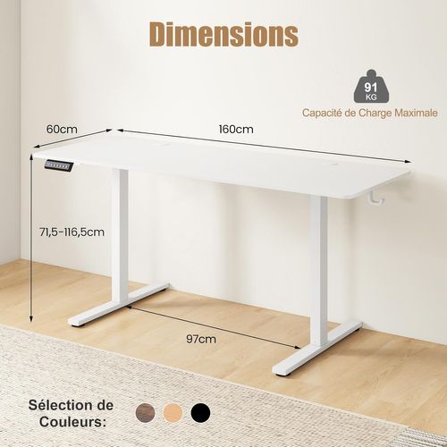 Bureau Assis Debout Electrique 60 X 160 Cm, 3 Hauteurs De Mémoire, Bureau Réglable En Hauteur, Blanc