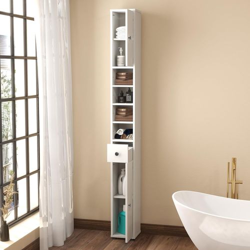 Meuble Colonne Salle De Bain, Meuble De Rangement, 20 X 20 X 180 Cm, Blanc Cérusé