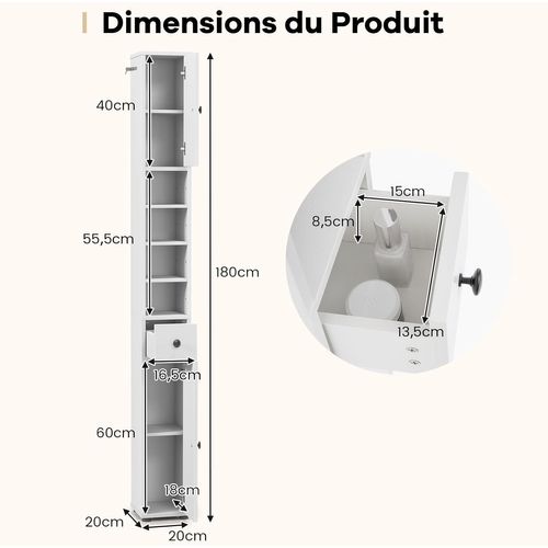 Meuble Colonne Salle De Bain, Meuble De Rangement, 20 X 20 X 180 Cm, Blanc Cérusé