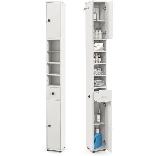 Meuble Colonne Salle De Bain, Meuble De Rangement, 20 X 20 X 180 Cm, Blanc Cérusé