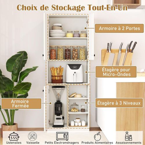 Buffet Cuisine, Meuble Cuisine Rangement 166 Cm, 3 Placard, Double Porte, 5 Etagères, Blanc