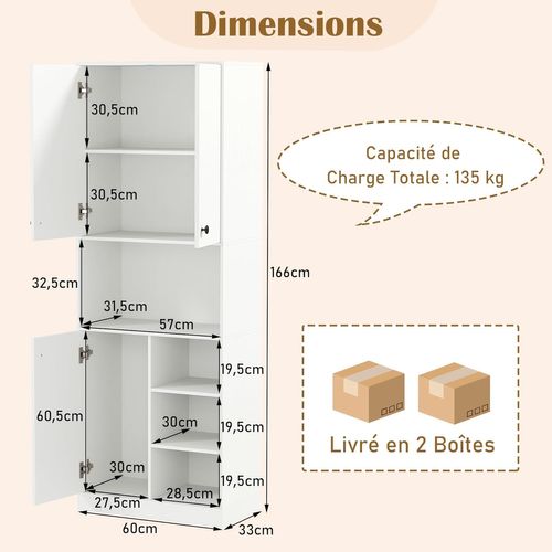 Buffet Cuisine, Meuble Cuisine Rangement 166 Cm, 3 Placard, Double Porte, 5 Etagères, Blanc