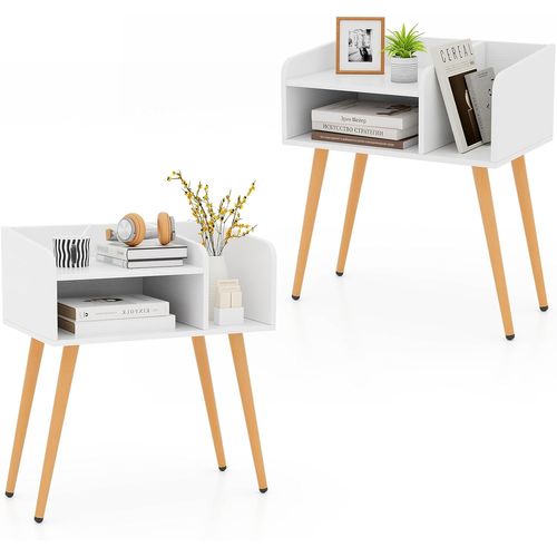 Table De Chevet, Table De Nuit 2 Niveaux Avec Etagères Ouvertes, Pieds En Métal (2,blanc)
