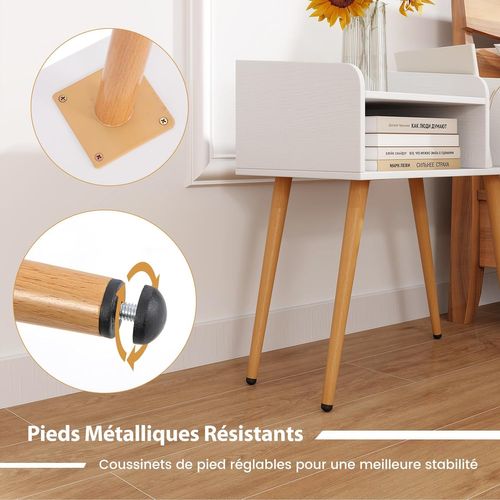 Table De Chevet, Table De Nuit 2 Niveaux Avec Etagères Ouvertes, Pieds En Métal (2,blanc)