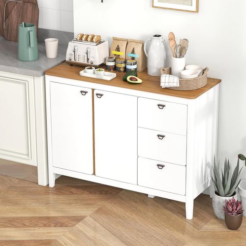 Buffet Cuisine Bois, Armoire Commode 3 Tiroirs, Grand Placard 2 Portes, Étagère Réglable