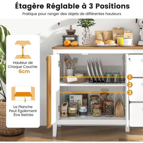 Buffet Cuisine Bois, Armoire Commode 3 Tiroirs, Grand Placard 2 Portes, Étagère Réglable
