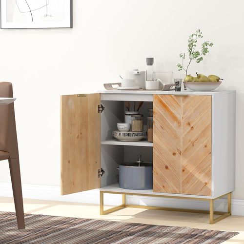 Buffet Bas, Armoire Commode Avec 2 Portes Bois En Placage De Sapin, Etagère, Pieds En Métal (blanc)