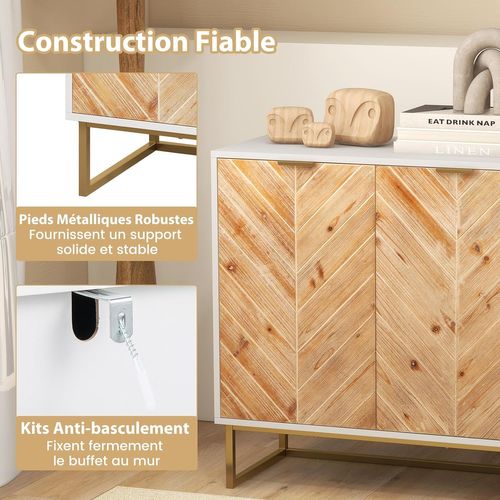 Buffet Bas, Armoire Commode Avec 2 Portes Bois En Placage De Sapin, Etagère, Pieds En Métal (blanc)