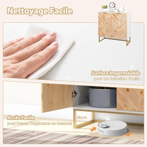 Buffet Bas, Armoire Commode Avec 2 Portes Bois En Placage De Sapin, Etagère, Pieds En Métal (blanc)