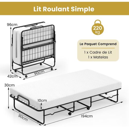 Lit Pliant 90 X 190 Cm Avec Matelas, Lit D'appoint Simple Avec Mousse à Mémoire De Forme