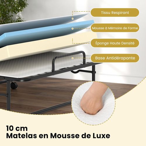 Lit Pliant 90 X 190 Cm Avec Matelas, Lit D'appoint Simple Avec Mousse à Mémoire De Forme