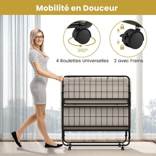 Lit Pliant 90 X 190 Cm Avec Matelas, Lit D'appoint Simple Avec Mousse à Mémoire De Forme