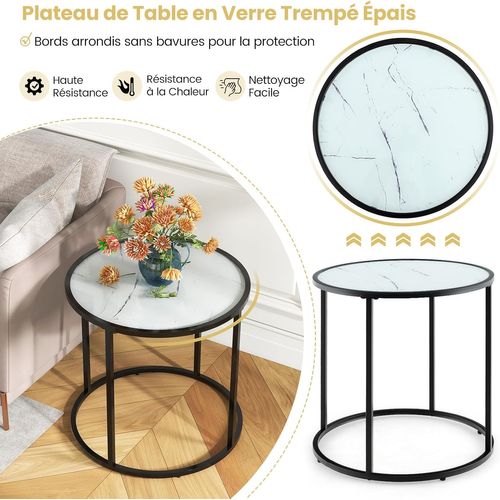 Table D’appoint Ronde En Verre Dia.50 Cm, Bout De Canapé Marbre, Cadre En Métal, Plateau En Verre