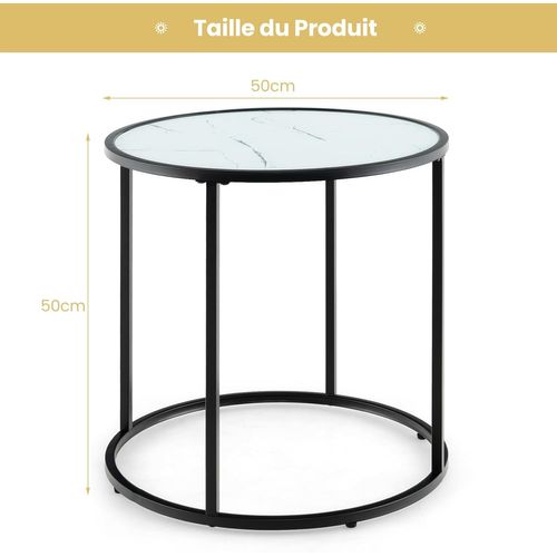 Table D’appoint Ronde En Verre Dia.50 Cm, Bout De Canapé Marbre, Cadre En Métal, Plateau En Verre