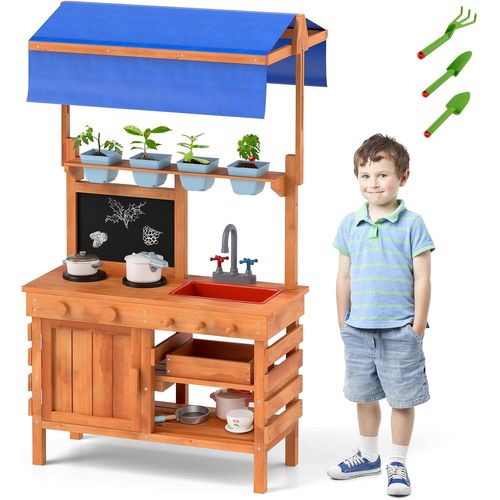 Cuisine Extérieure Enfant Avec Tableau Noir Et 4 Tasses De Plantation Et 3 Outils, Cuisine De Boue