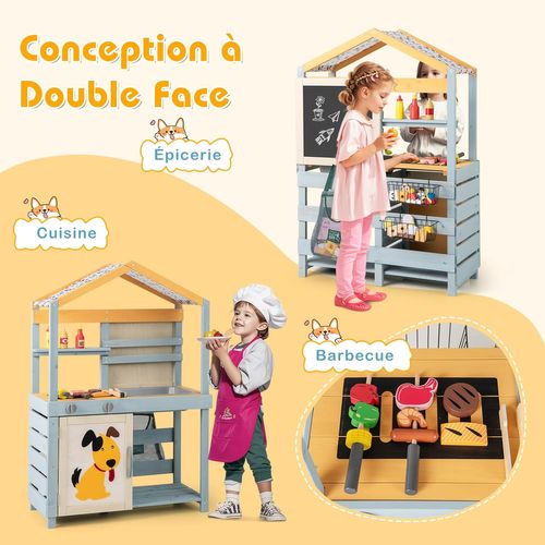 Cuisine Enfant Double Face Avec Tableau Noir Et 12 Accessoires, Jeu De Cuisine Extérieure Enfant