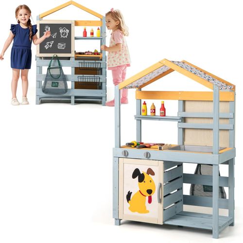 Cuisine Enfant Double Face Avec Tableau Noir Et 12 Accessoires, Jeu De Cuisine Extérieure Enfant