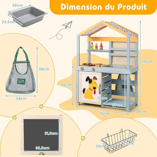 Cuisine Enfant Double Face Avec Tableau Noir Et 12 Accessoires, Jeu De Cuisine Extérieure Enfant
