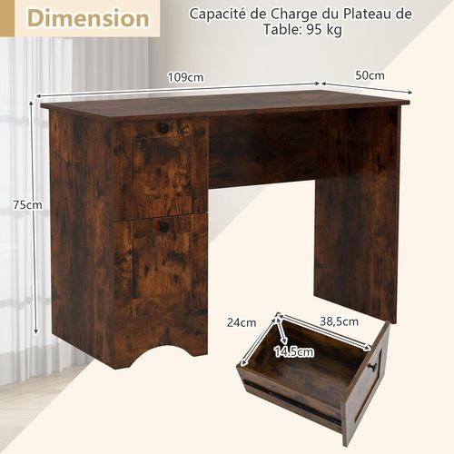 Bureau D'ordinateur Avec 2 Tiroirs, Bureau D'étude Compact Pour Ordinateur Portable(brun Rustique)