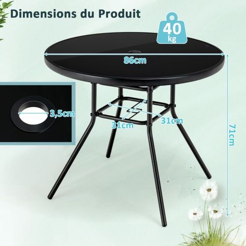 Table De Jardin Ronde 86 Cm En Verre Trempé Table D'appoint D’extérieur Avec Trou Pour Parasol