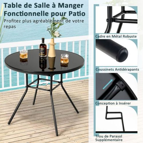Table De Jardin Ronde 86 Cm En Verre Trempé Table D'appoint D’extérieur Avec Trou Pour Parasol