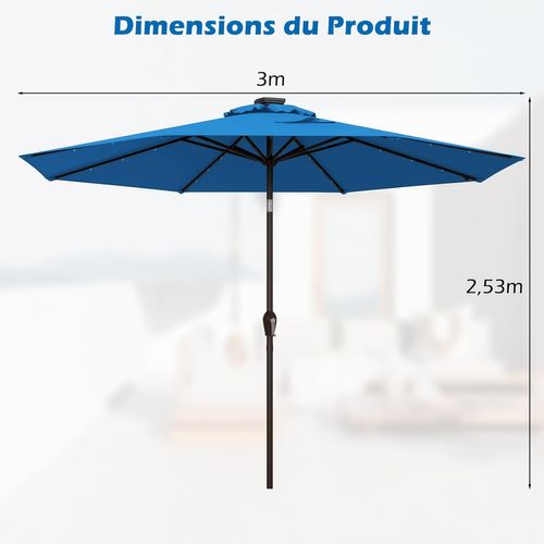 Parasol De Jardin Extérieur Ø 300 Cm, Parasol Inclinable Lumineux Solaire Avec 24 LED (bleu Clair)
