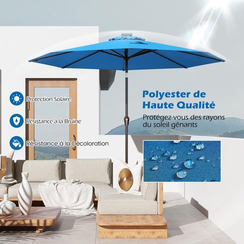 Parasol De Jardin Extérieur Ø 300 Cm, Parasol Inclinable Lumineux Solaire Avec 24 LED (bleu Clair)